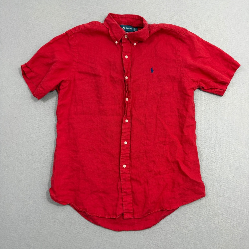 Polo Ralph Lauren Shirt Mens Large Red Custom Fit Short Sleeve Linen Button Down